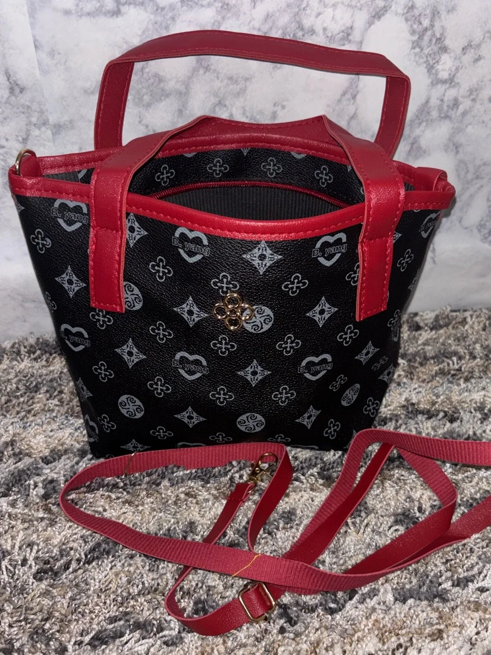 Black Patterned Crossbody Tote with Red Trim